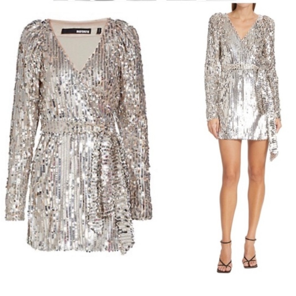 ROTATE Birger Christensen Sliver Sequin Wrap Minidress US 8